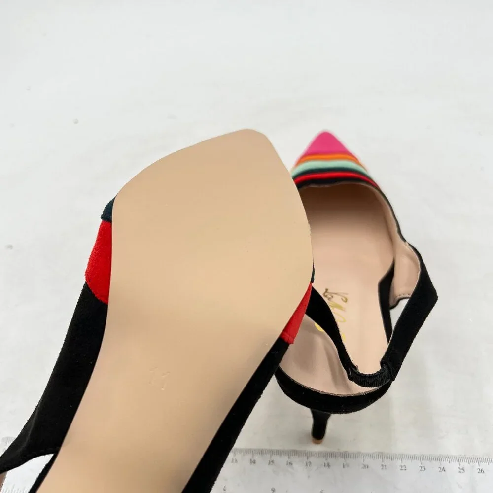 FOWT Dark Rainbow Pointed Toe Slingback Rainbow Color Stripes Elastic Band Pumps - Picture 6 of 8